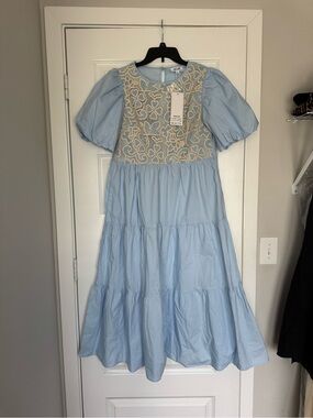 Light Blue Tiered Puff-Sleeve Dress with Cream Eyelet Bodice
